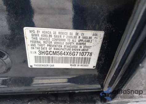 2006 Honda Accord 2.4 Lx из США, поврежденный, VIN 3HGCM564X6G710778